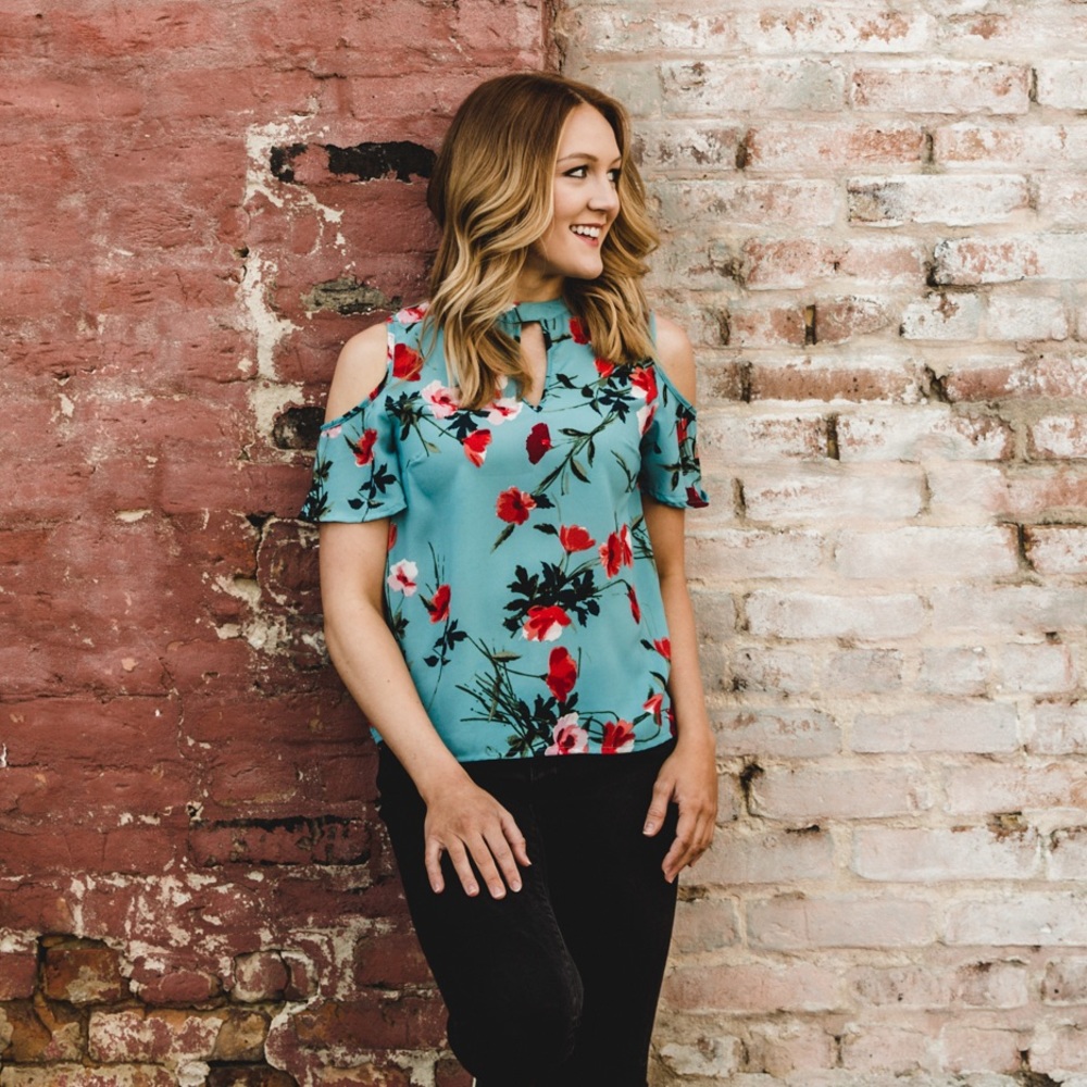 Blue + Red Floral Cold Shoulder Keyhole Neck Top